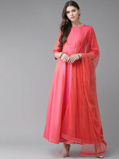 Pink Zari Work Chanderi Dress With Dupatta - ShopLibas
