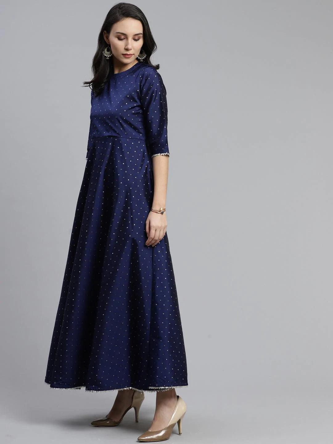Navy Blue Self Design Chanderi Dress With Dupatta - ShopLibas