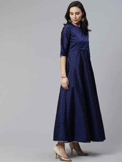 Navy Blue Self Design Chanderi Dress With Dupatta - ShopLibas