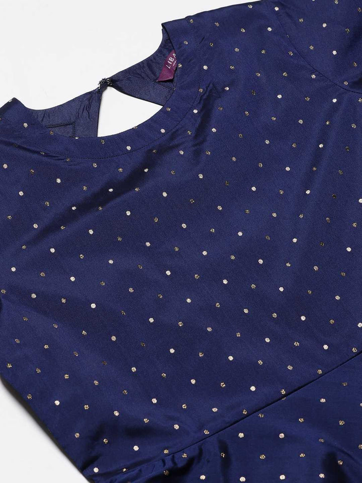 Navy Blue Self Design Chanderi Dress With Dupatta - ShopLibas