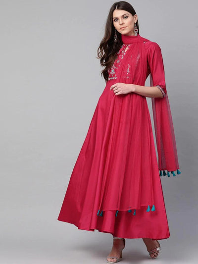 Pink Yoke Design Chanderi Dress With Dupatta - ShopLibas