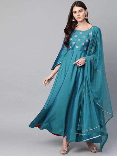 Blue Embroidered Chanderi Dress With Dupatta - ShopLibas