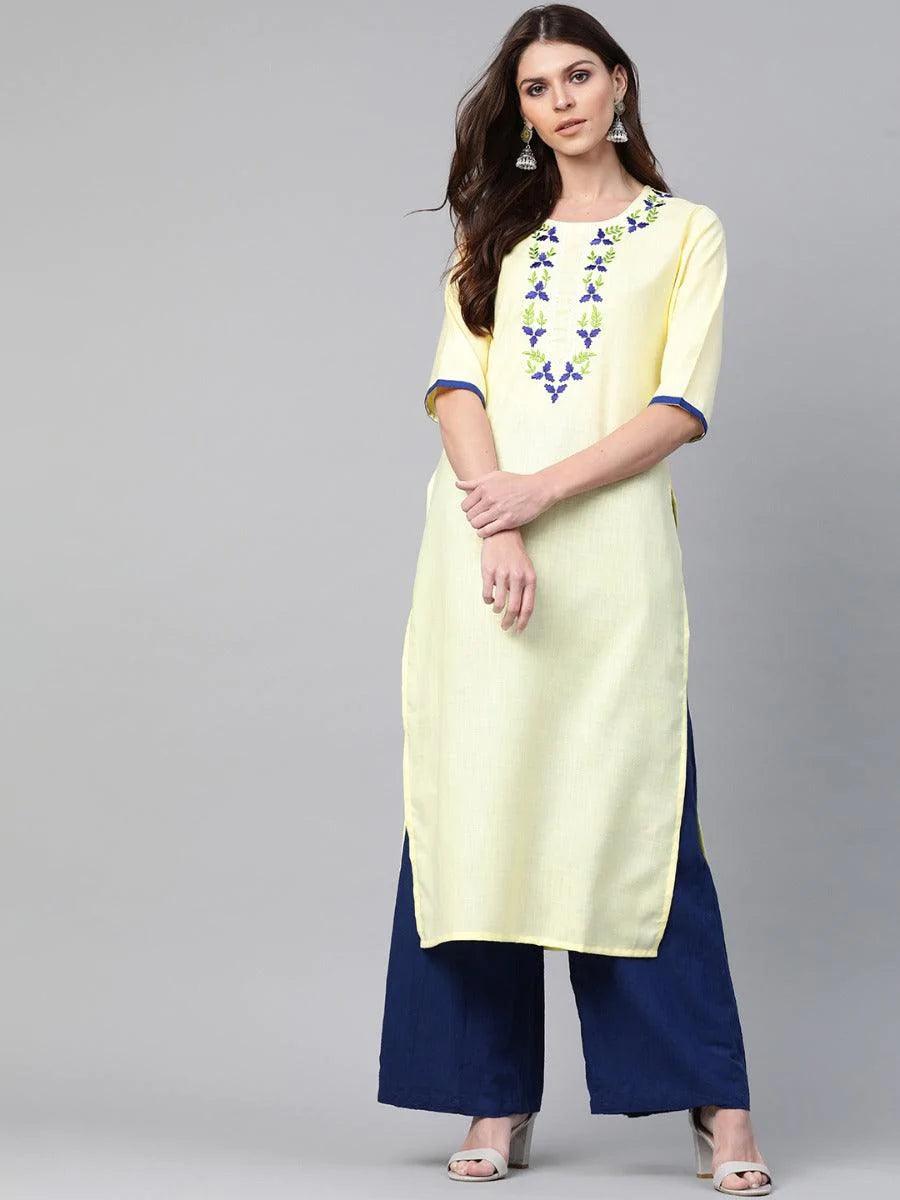Yellow Embroidered Linen Kurta - ShopLibas