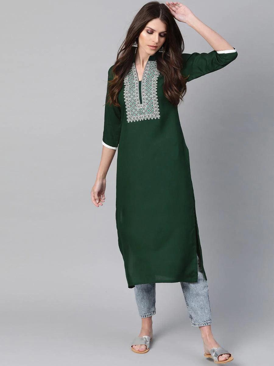 Green Embroidered Rayon Kurta - ShopLibas