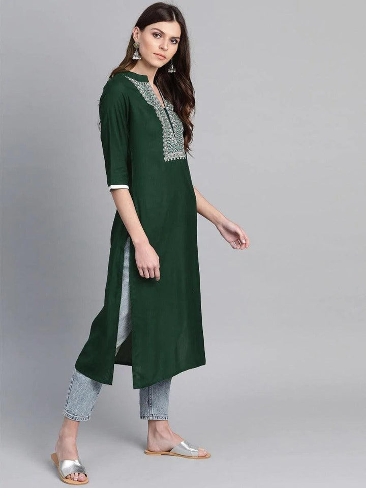 Green Embroidered Rayon Kurta - ShopLibas