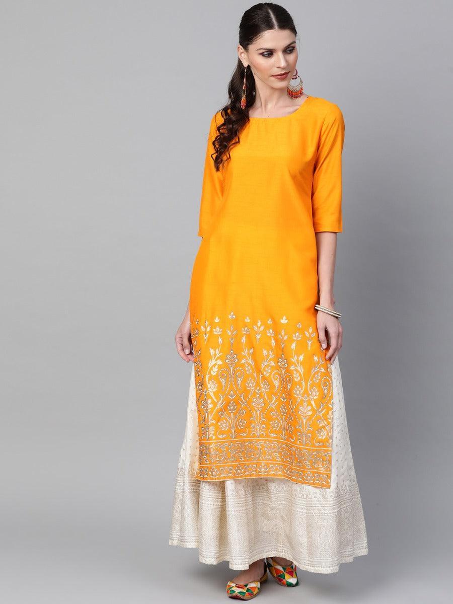 Mustard Self Design Chanderi Kurta - ShopLibas