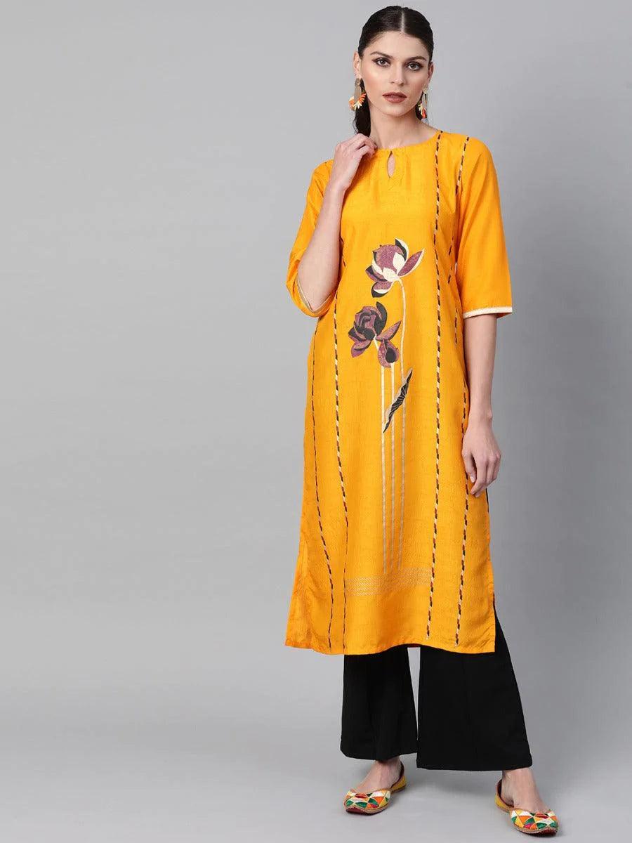 Mustard Self Design Chanderi Kurta - ShopLibas