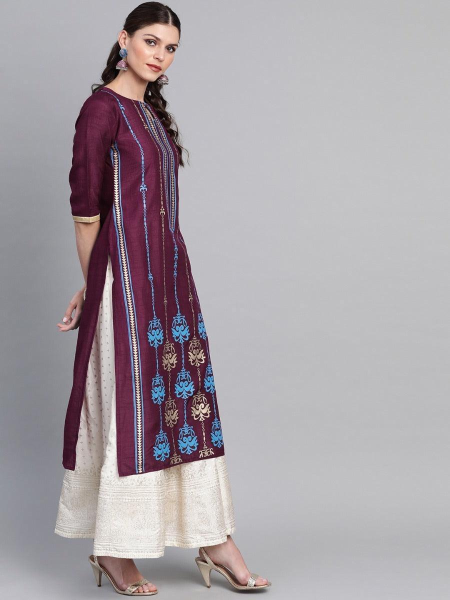 Purple Self Design Chanderi Kurta - ShopLibas 