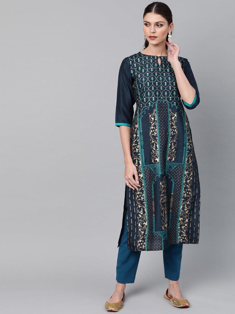 Navy Blue Self Design Chanderi Kurta - ShopLibas