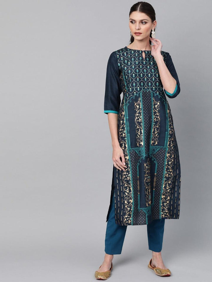 Navy Blue Self Design Chanderi Kurta - ShopLibas