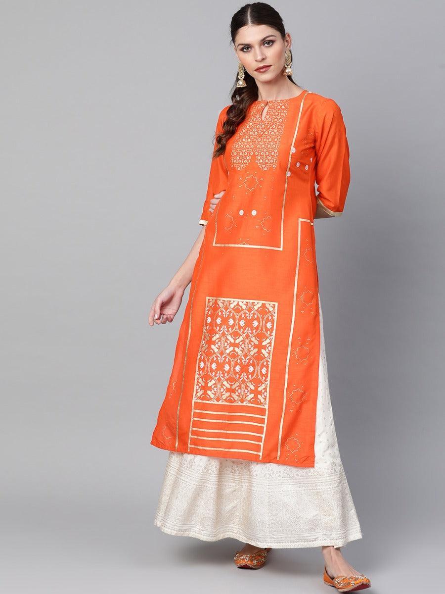 Orange Printed Chanderi Kurta - ShopLibas