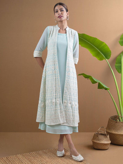 Blue Solid Georgette Dress With Shrug - ShopLibas