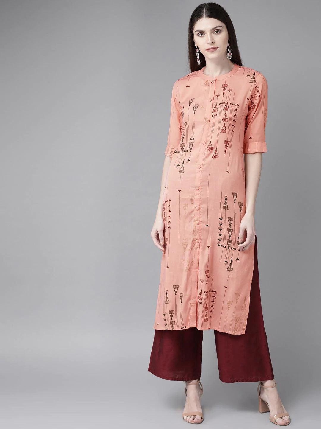 Peach Printed Rayon Kurta - ShopLibas