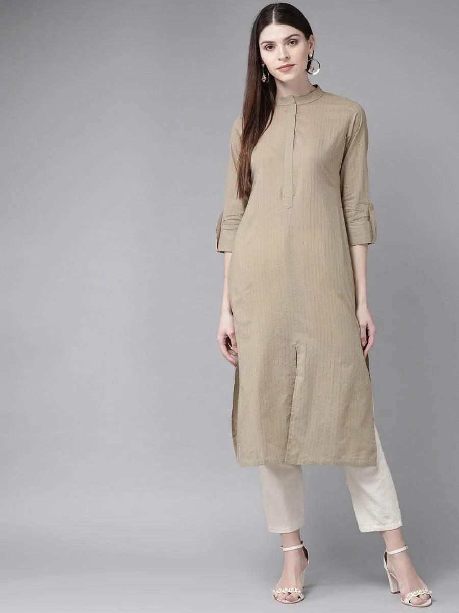 Taupe Striped Cotton Kurta - ShopLibas