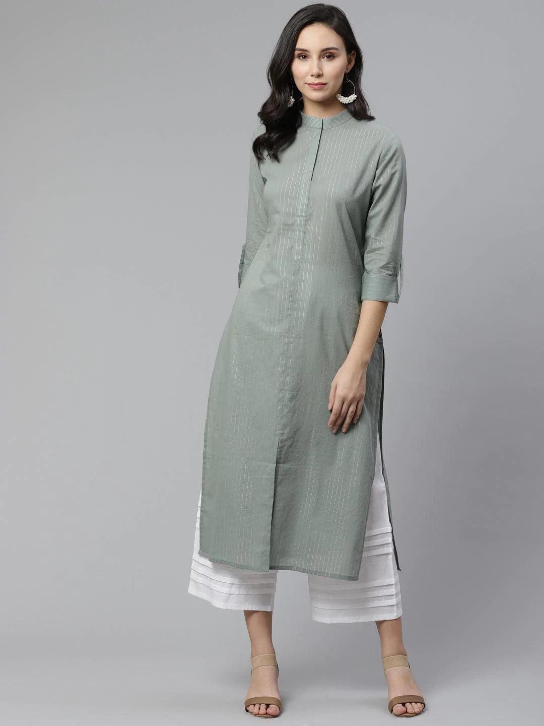 Grey Striped Cotton Kurta - ShopLibas