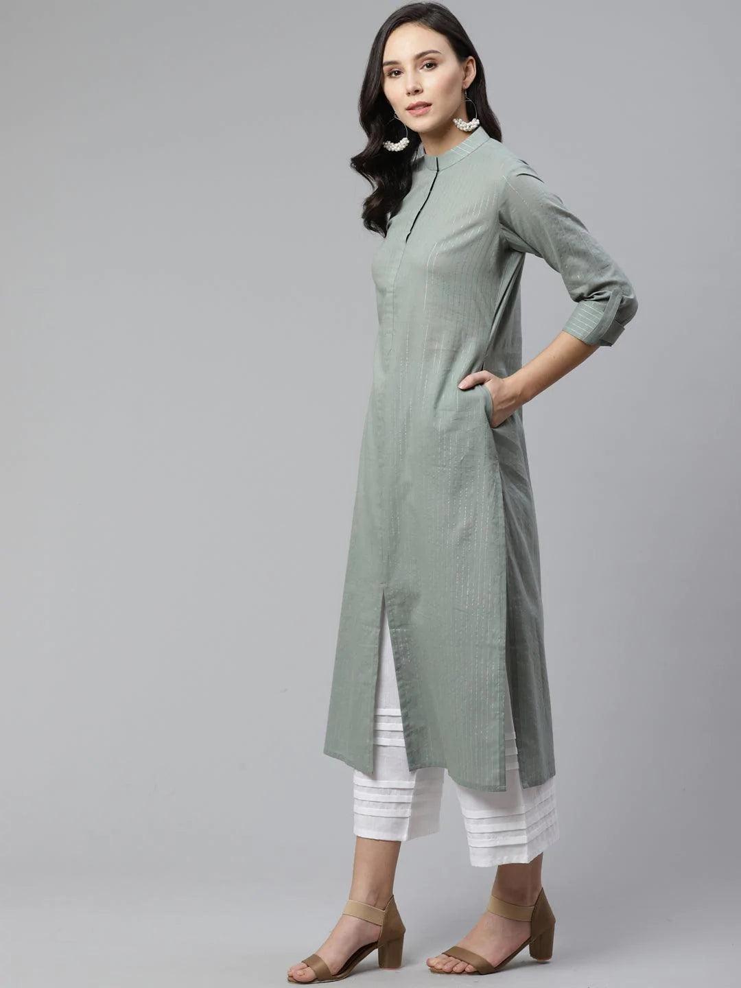Grey Striped Cotton Kurta - ShopLibas