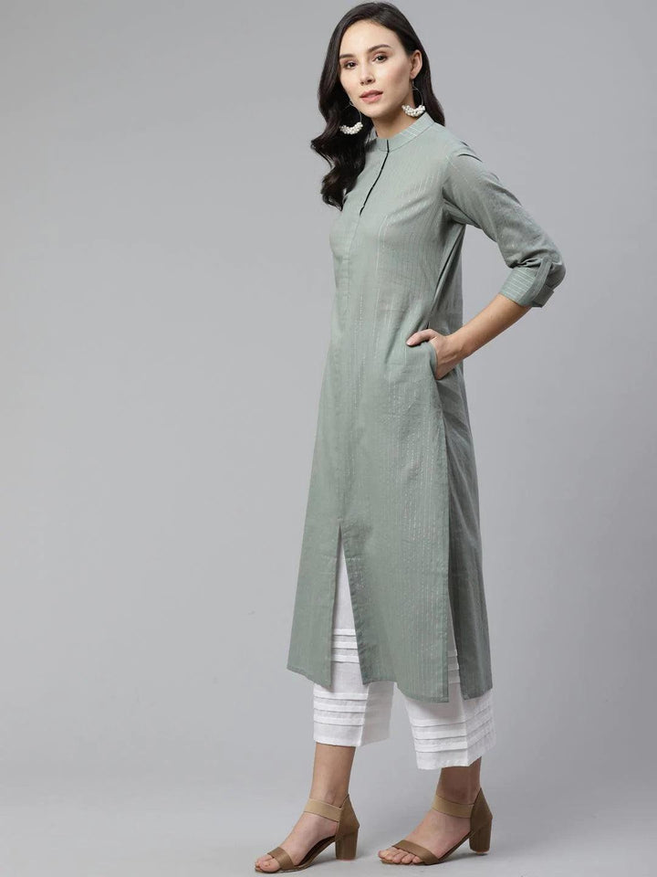 Grey Striped Cotton Kurta - ShopLibas