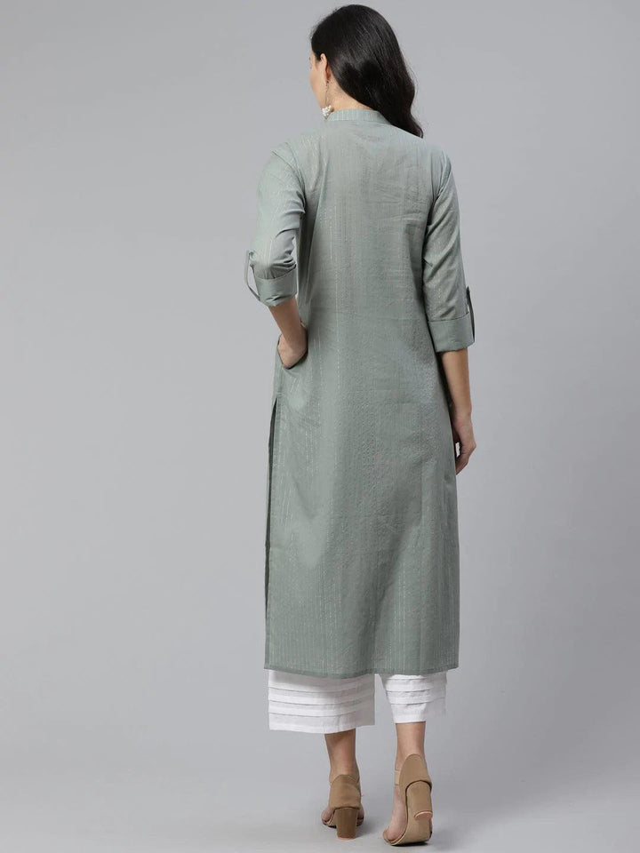 Grey Striped Cotton Kurta - ShopLibas