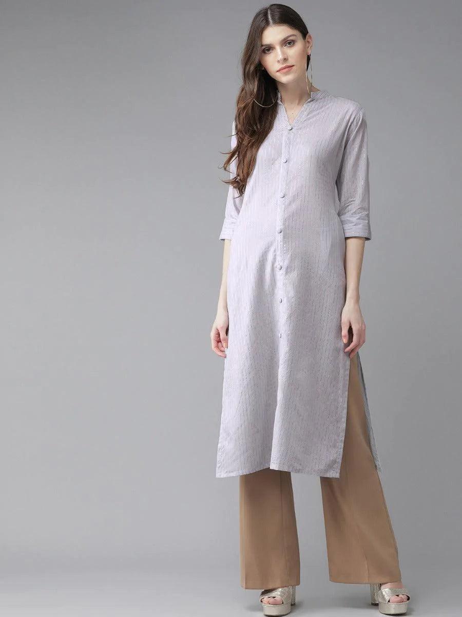 Grey Striped Cotton Kurta - ShopLibas