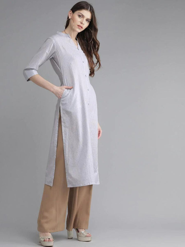 Grey Striped Cotton Kurta - ShopLibas