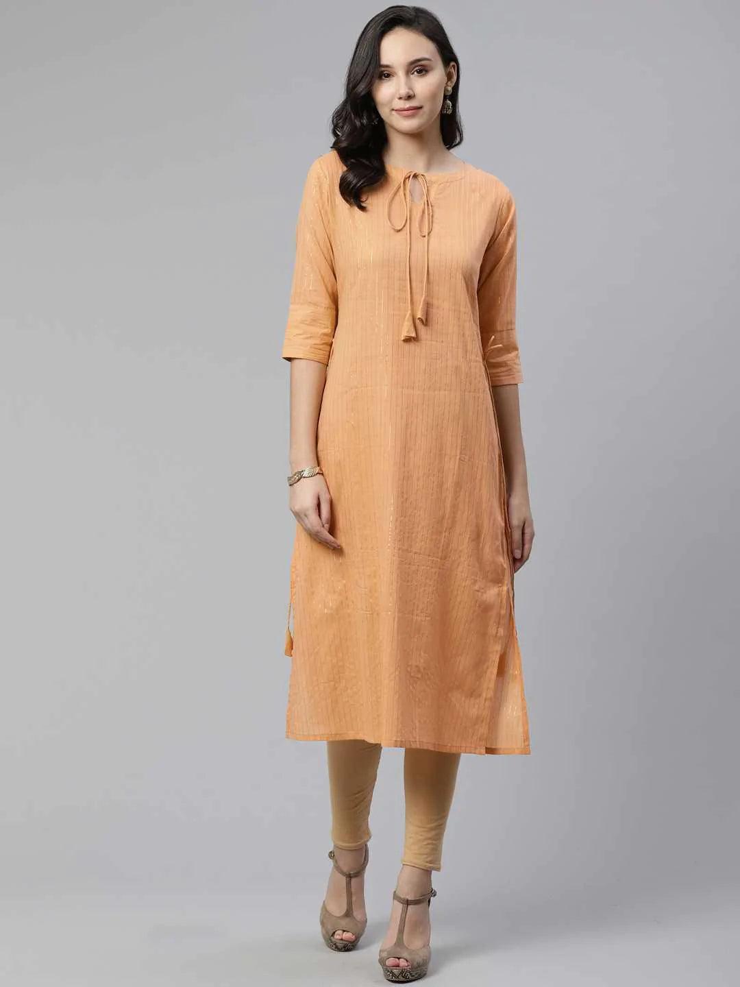 Beige Striped Cotton Kurta - ShopLibas