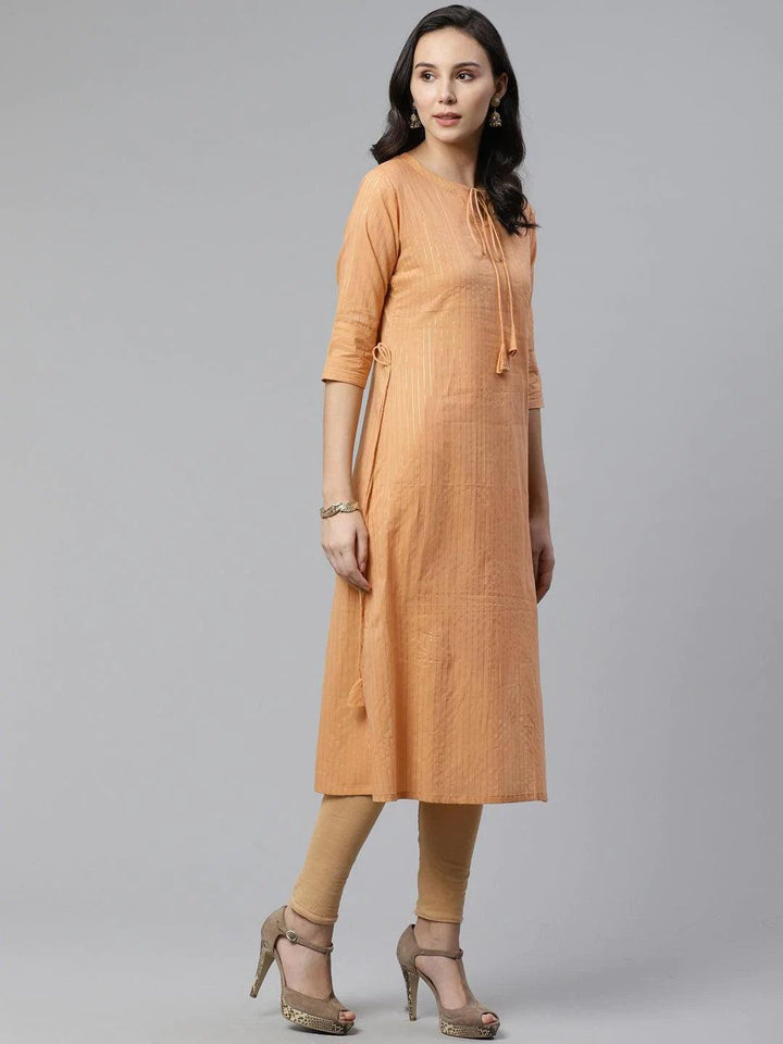 Beige Striped Cotton Kurta - ShopLibas