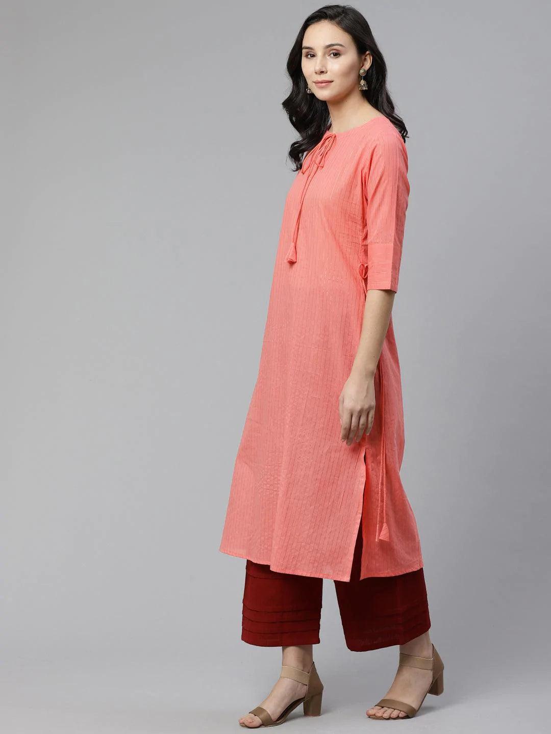 Pink Striped Cotton Kurta - ShopLibas