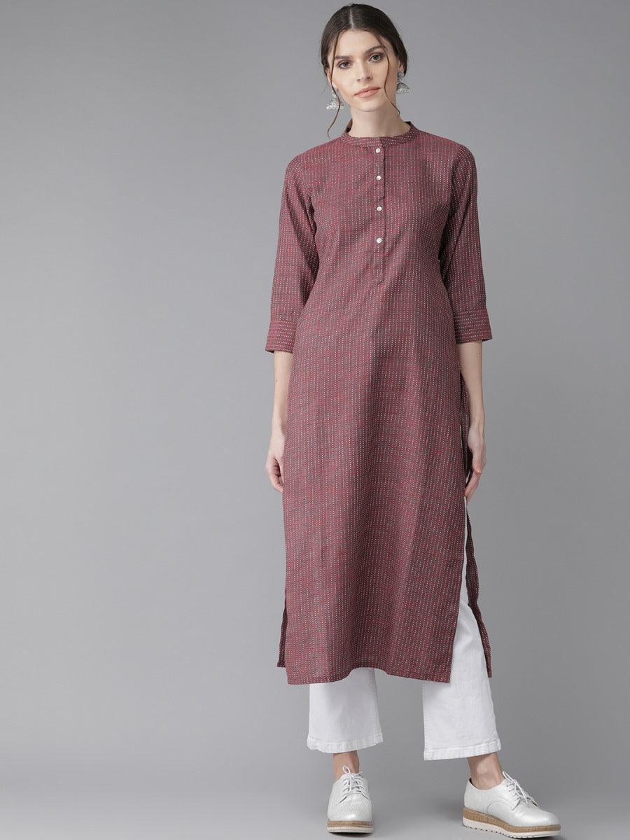 Maroon Striped Cotton Kurta - ShopLibas