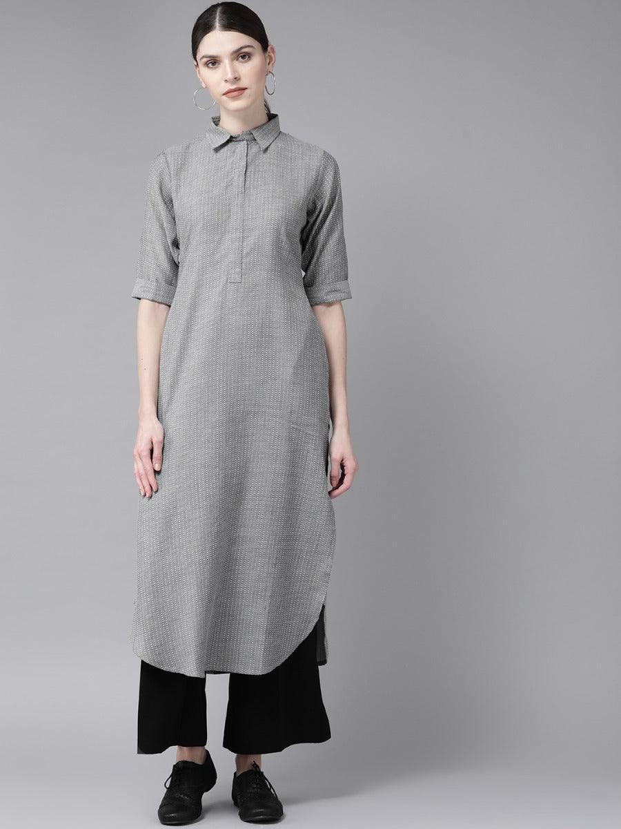 Grey Self Design Cotton Kurta - ShopLibas