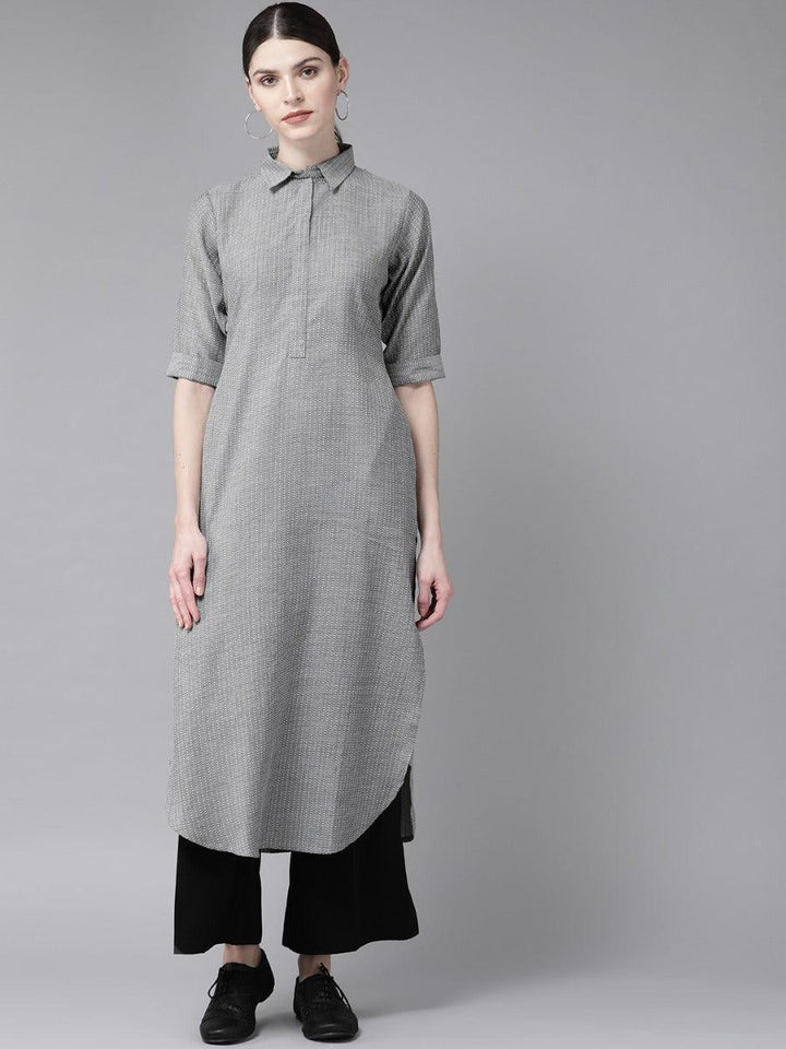 Grey Self Design Cotton Kurta - ShopLibas