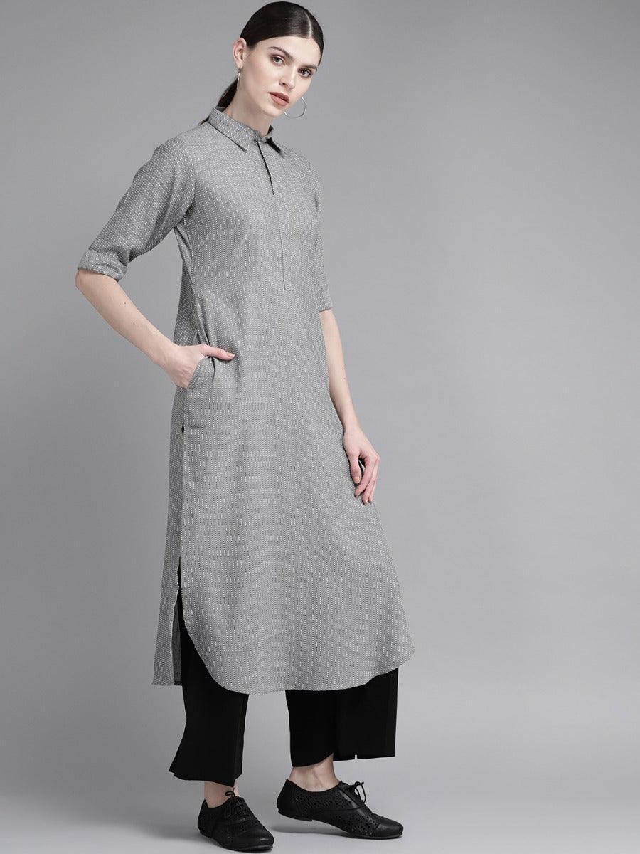 Grey Self Design Cotton Kurta - ShopLibas