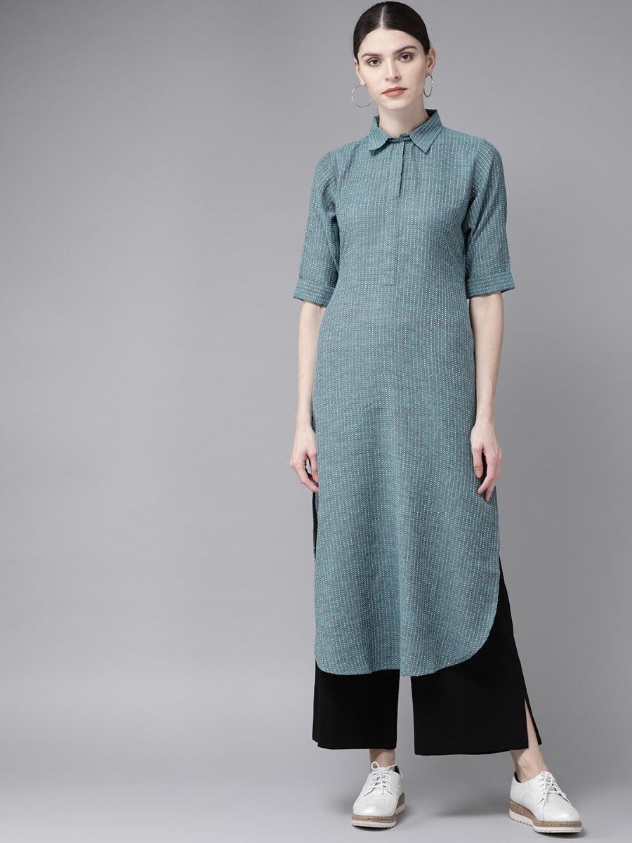 Blue Self Design Cotton Kurta - ShopLibas