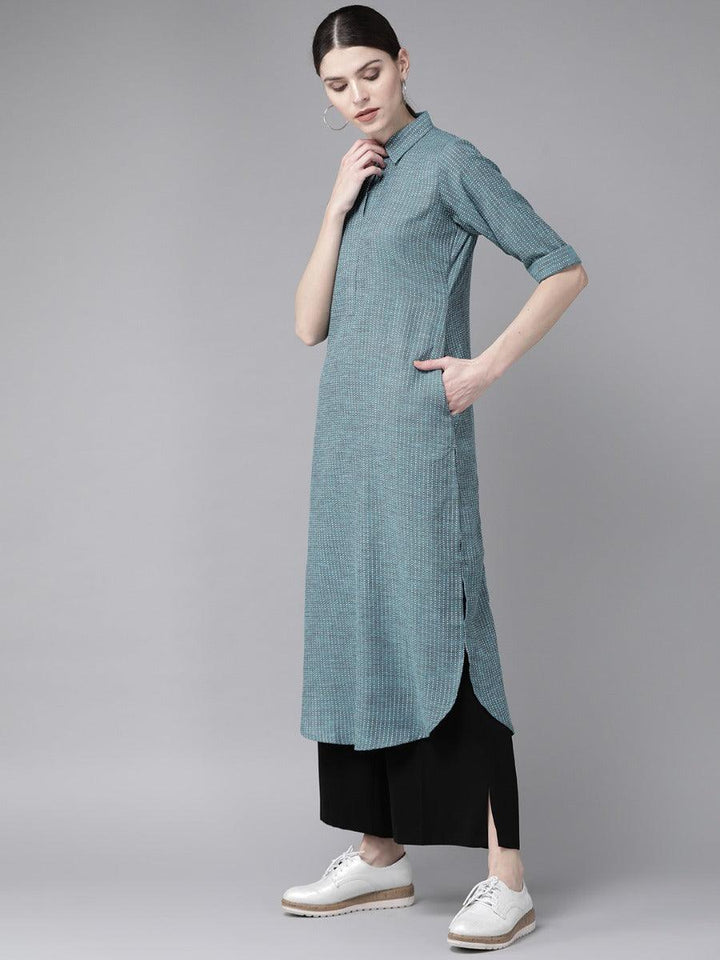 Blue Self Design Cotton Kurta - ShopLibas