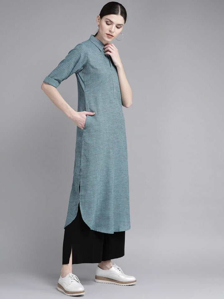 Blue Self Design Cotton Kurta - ShopLibas