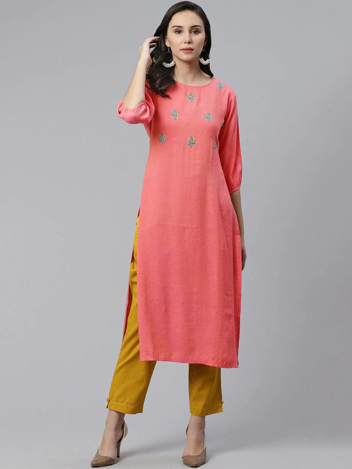 Pink Embroidered Rayon Kurta - ShopLibas