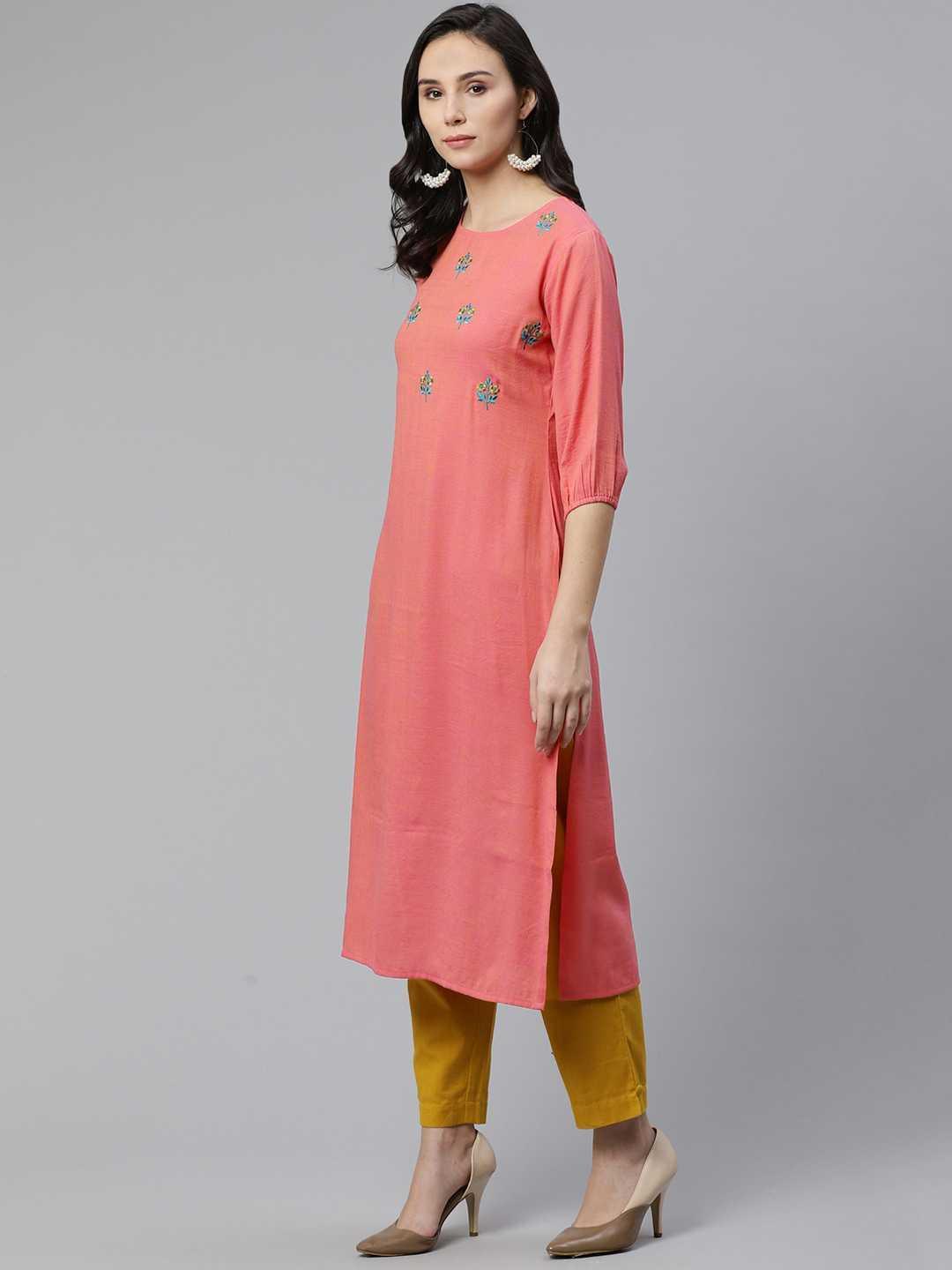 Pink Embroidered Rayon Kurta - ShopLibas