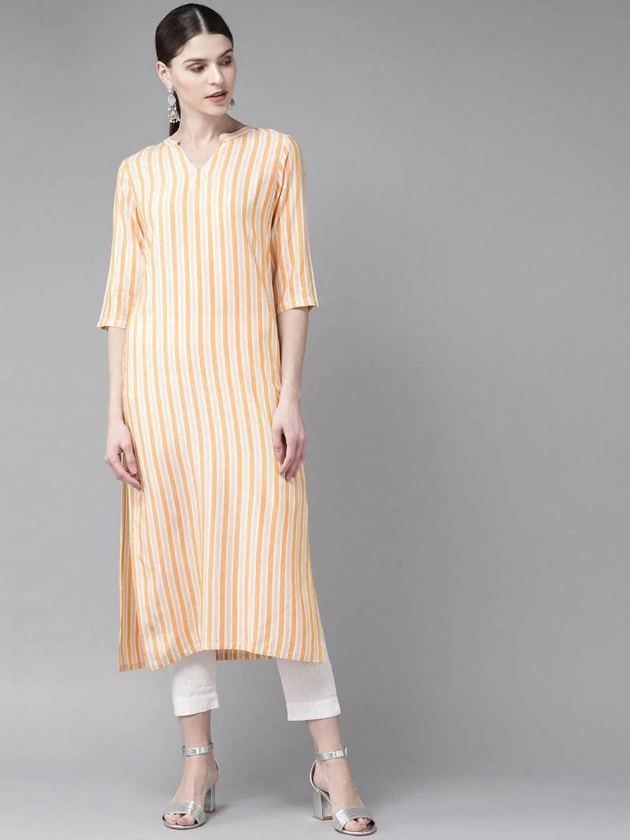 Yellow Striped Rayon Kurta - ShopLibas