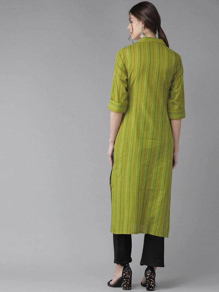 Green Striped Cotton Kurta - ShopLibas