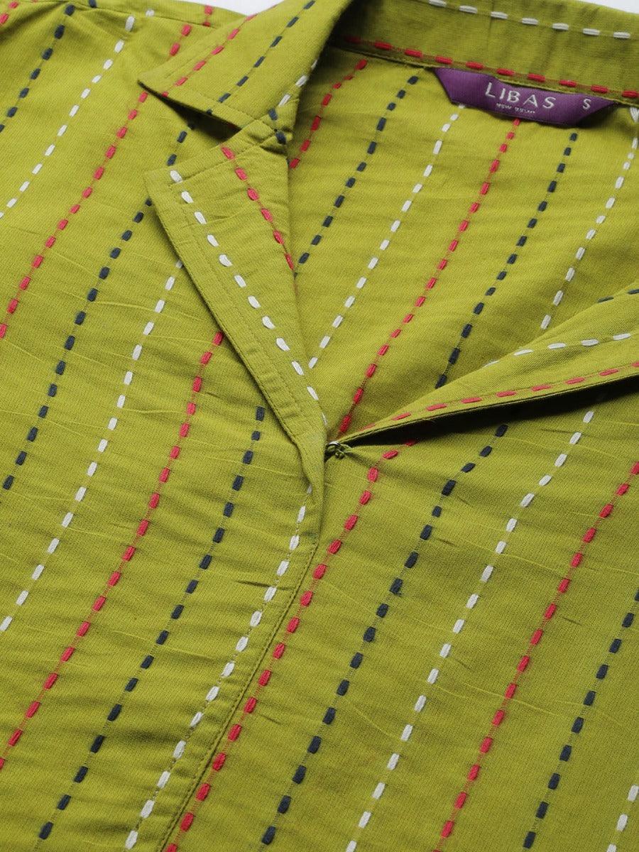 Green Striped Cotton Kurta - ShopLibas