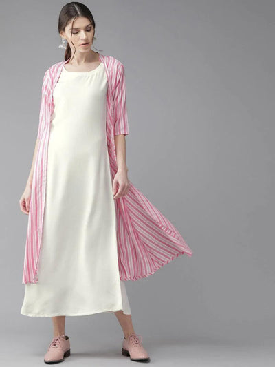 Off-White Striped Rayon Dress With Jacket - ShopLibas