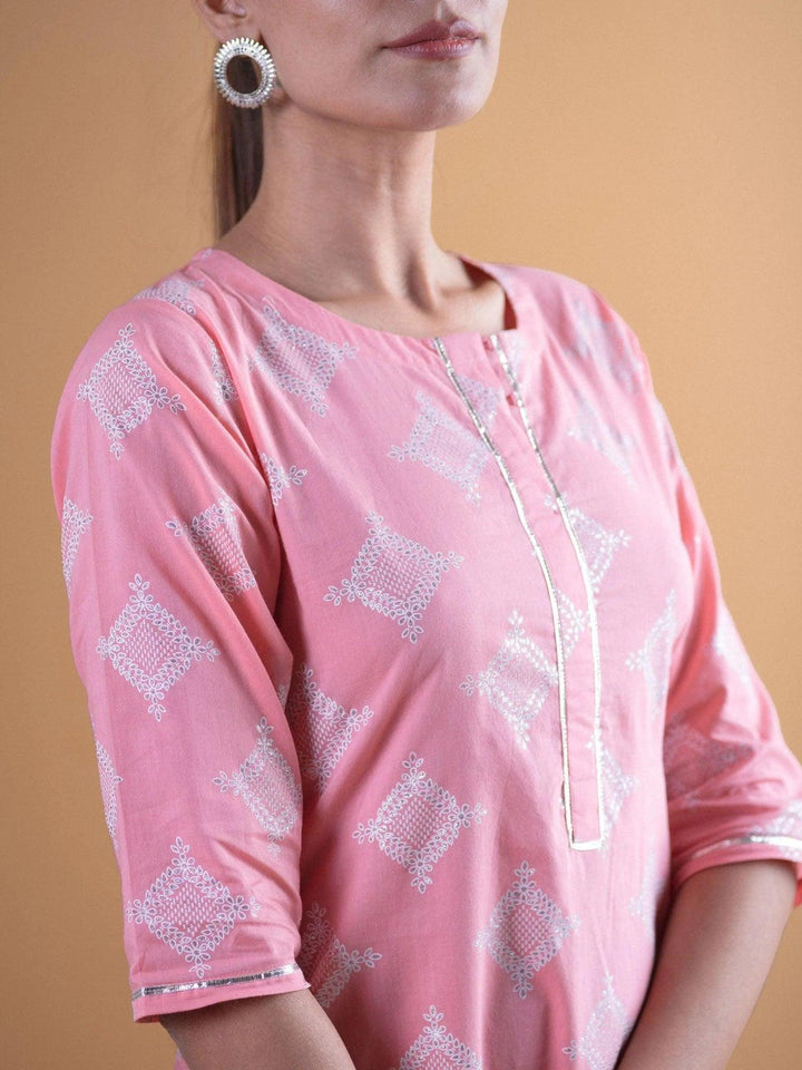 Pink Printed Cotton Kurta - ShopLibas