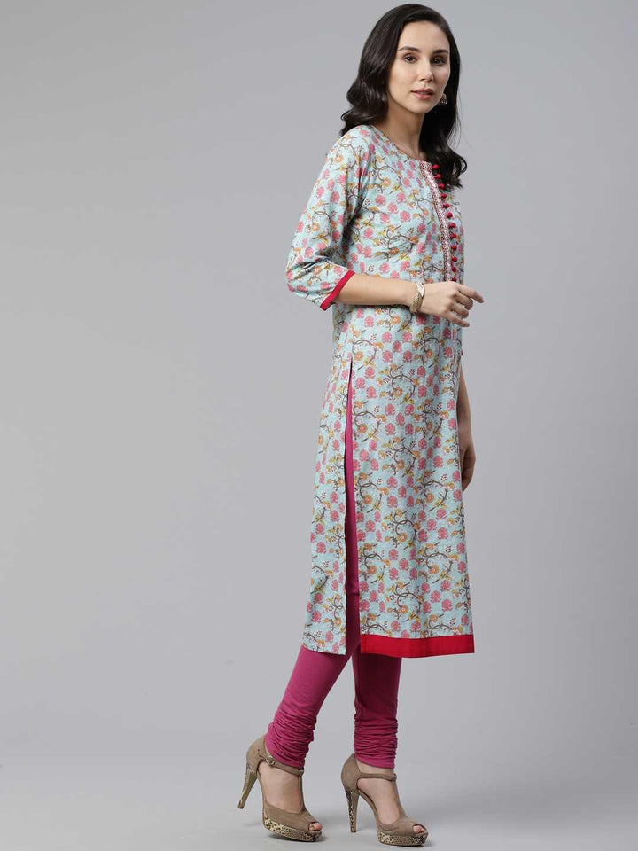 Blue Printed Cotton Kurta - ShopLibas