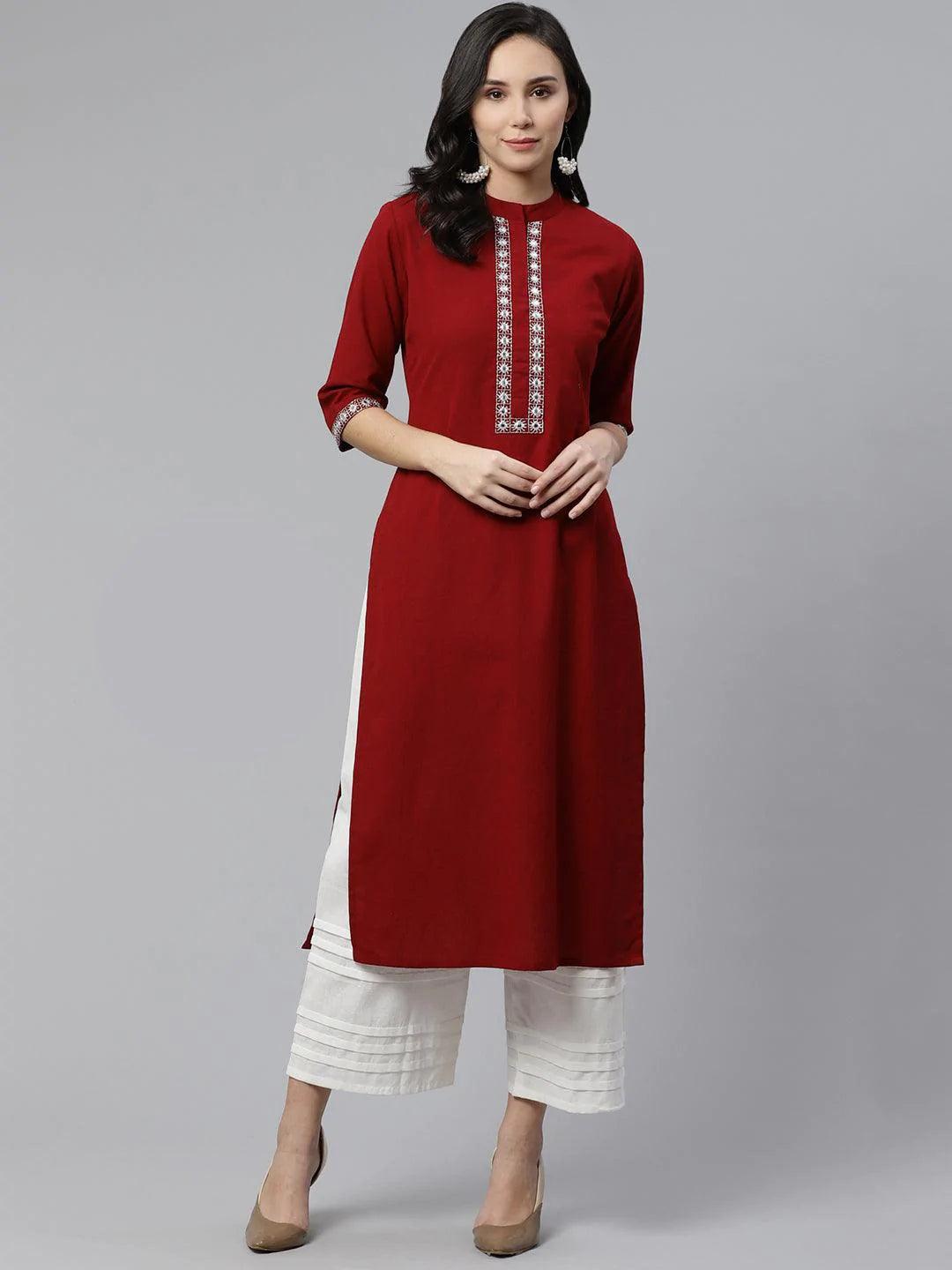 Maroon Embroidered Cotton Kurta - ShopLibas