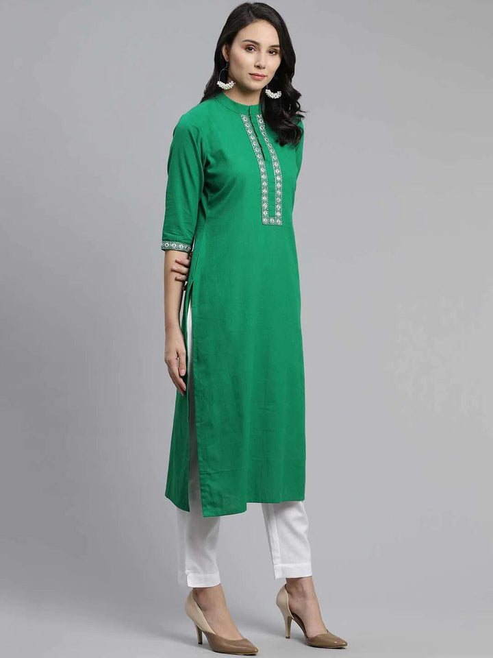 Green Embroidered Cotton Kurta - ShopLibas