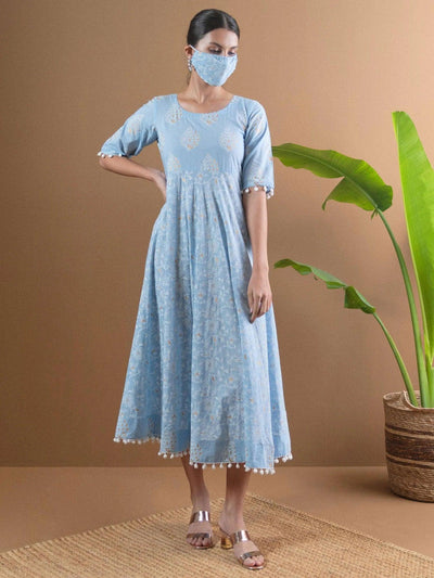 Blue Printed Cotton Dress With Mask - ShopLibas