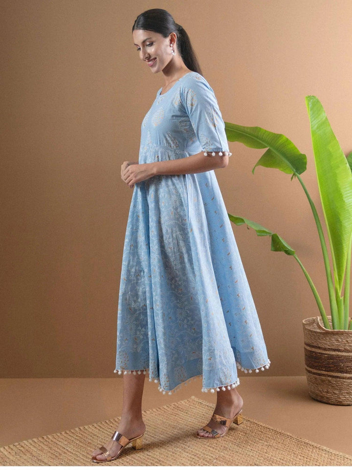 Blue Printed Cotton Dress With Mask - ShopLibas