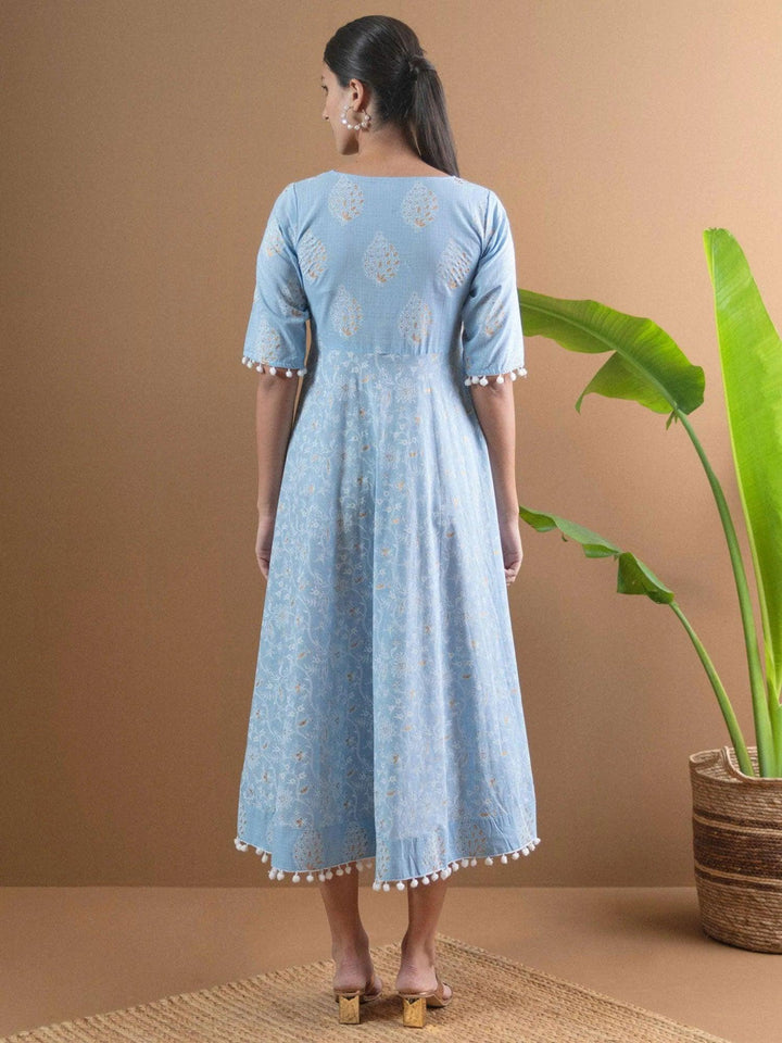 Blue Printed Cotton Dress With Mask - ShopLibas