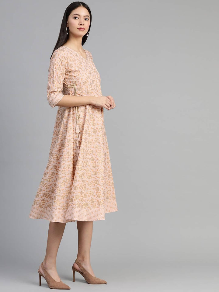 Peach Printed Cotton Dress - ShopLibas