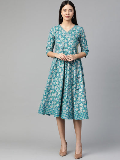Blue Printed Cotton Dress - ShopLibas