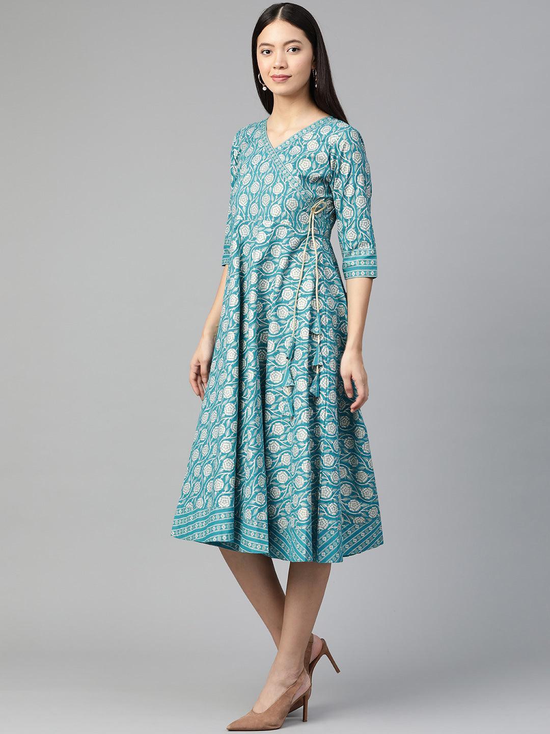 Blue Printed Cotton Dress - ShopLibas